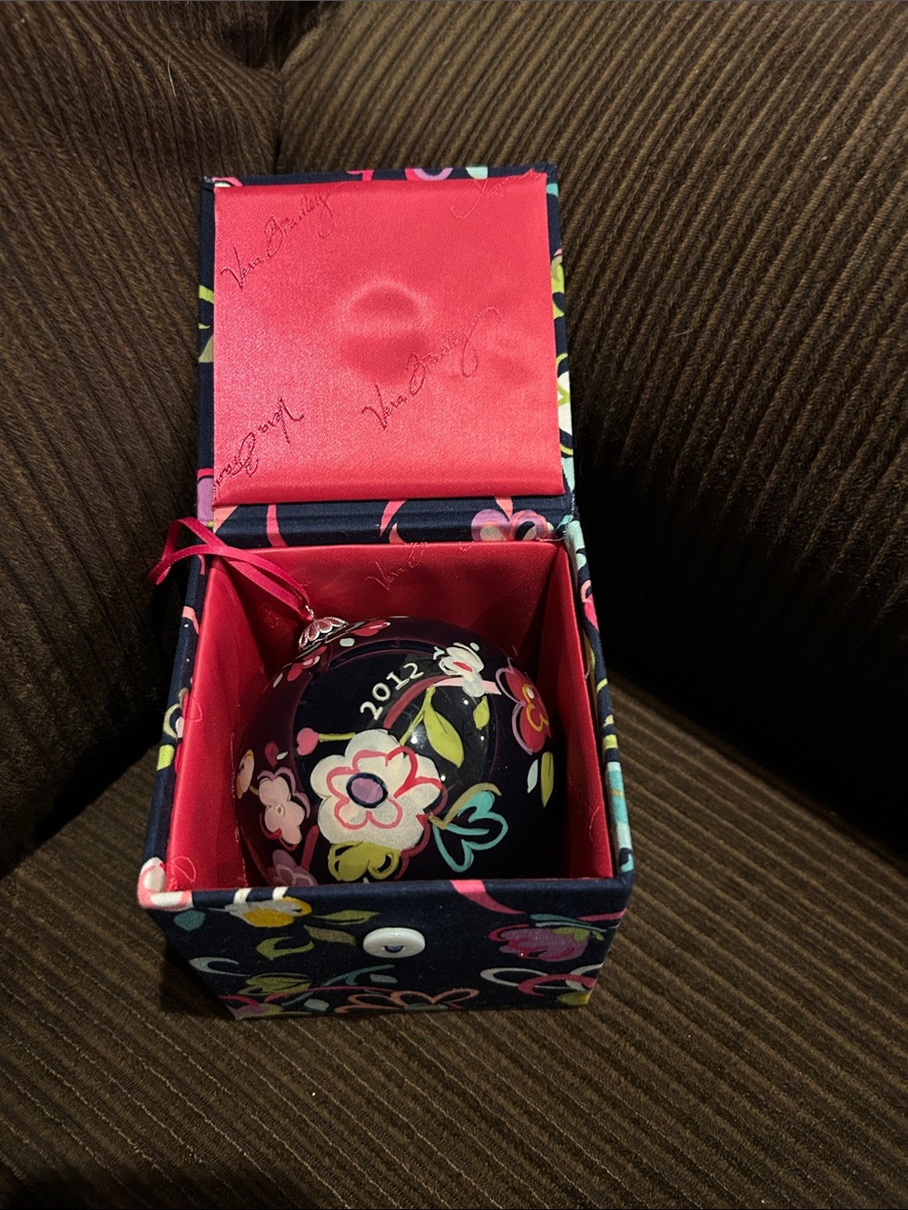 Vera Bradley Navy Floral Holiday Ornament with Pink Interior box included